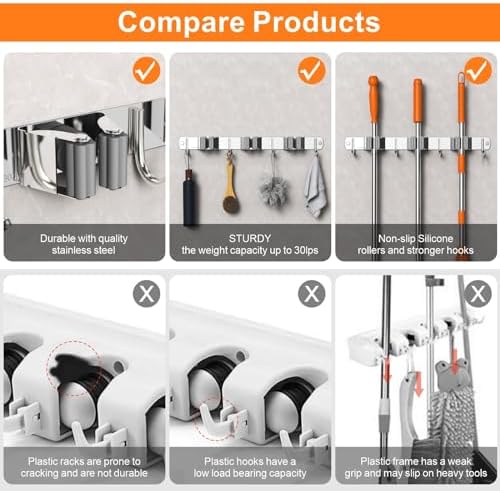 CUXIXA Mop and Broom Holder Wall Mount, Upgraded Broom Organizer Wall Mount, Stainless Steel Broom Hanger Wall Mount for Kitchen Garden Laundry Room Decor(4 Racks with 5 Hooks Black) - Image 4