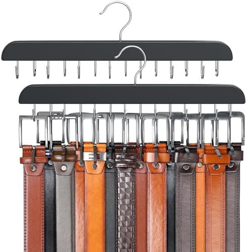 Belt Hanger for Closet, Sturdy Wood Belt Rack Closet Accessories with 14 Hooks Belt Organizer for Closet Organizers and Storage Max 42 Belts-Black 2 Pack by RESOVO