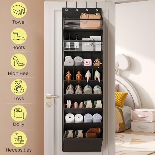 Mefirt 16-20 Pairs Over the Door Shoe Organizer, Clear Pockets Shoe Rack for Closet Door, Hanging Shoe Rack for Boots, Behind the Door Shoe Holder Fit All the Family's Sneakers, Boots, Heels, Black - Image 2