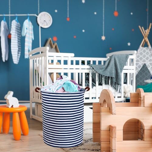 ESSME Laundry Hamper,Blue laundry basket,Collapsible with Waterproof PE Coating,Canvas Fabric Nursery Hamper for Room Decor,(Navy Blue stripes) - Image 2