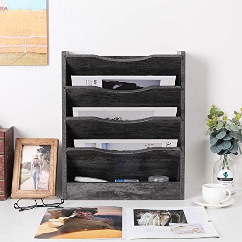 PAG-Mass 5-Tier Wall File Holder Hanging Mail Organizer Wood Magazine Literature Rack with 6 Hooks, Dark Gray - Image 6