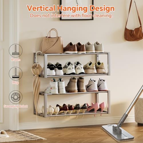 Homeiju Hanging Shoe Organizer,2 Pack Wall Mounted Shoe Rack Holds 12 Pairs,Space Saving Metal Wall Shoe Rack,Hanging Shoe Rack Shoe Holder for Small Space,Entryway,Closet,RV,Camper (Silver) - Image 4