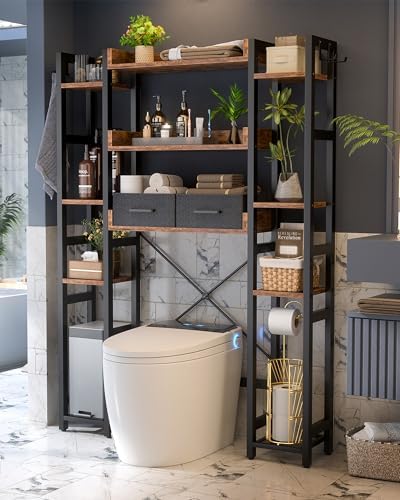 Besiost Over The Toilet Storage, 11 Tier Bathroom Organizer with Dual Side Racks and 2 Fabric Drawers, Adjustable Freestanding Rack Space Saver for Small Spaces, Rustic Brown - Image 2