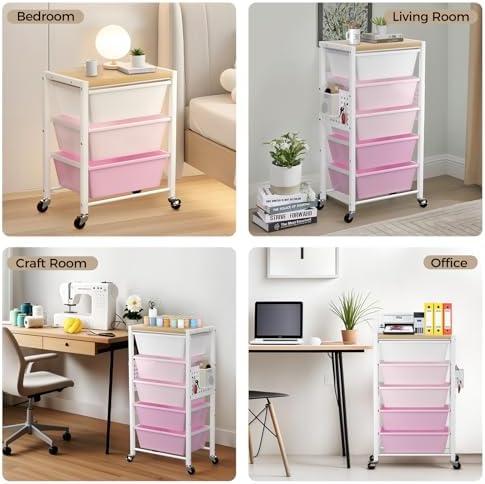Rolling Cart with 4 Drawers, Plastic Drawer Storage Carts with Wheels & Wooden Tabletop, Metal Utility Cart with Pegboards, Office Living Room Classroom Craft Organization and Storage, Bright Pink - Image 6