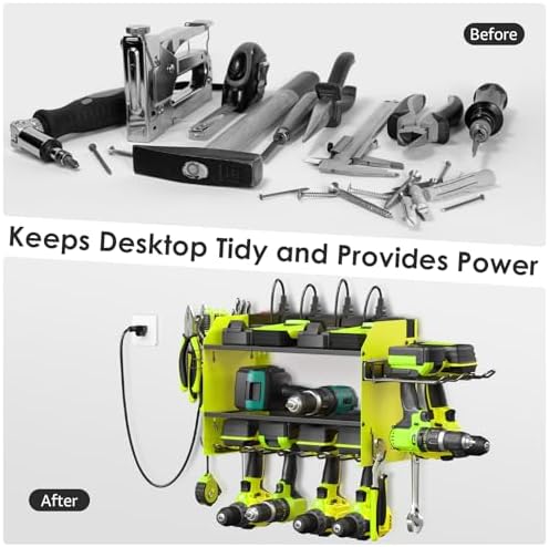 CCCEI Modular Power Tool Organizer Wall Mount Charging Station, Green 6 Drills Holder with 8 Plug Power Strip 6FT, Garage Drill Battery Heavy Duty Metal Shelf, Utility Rack with Hooks, Side Storage. - Image 4