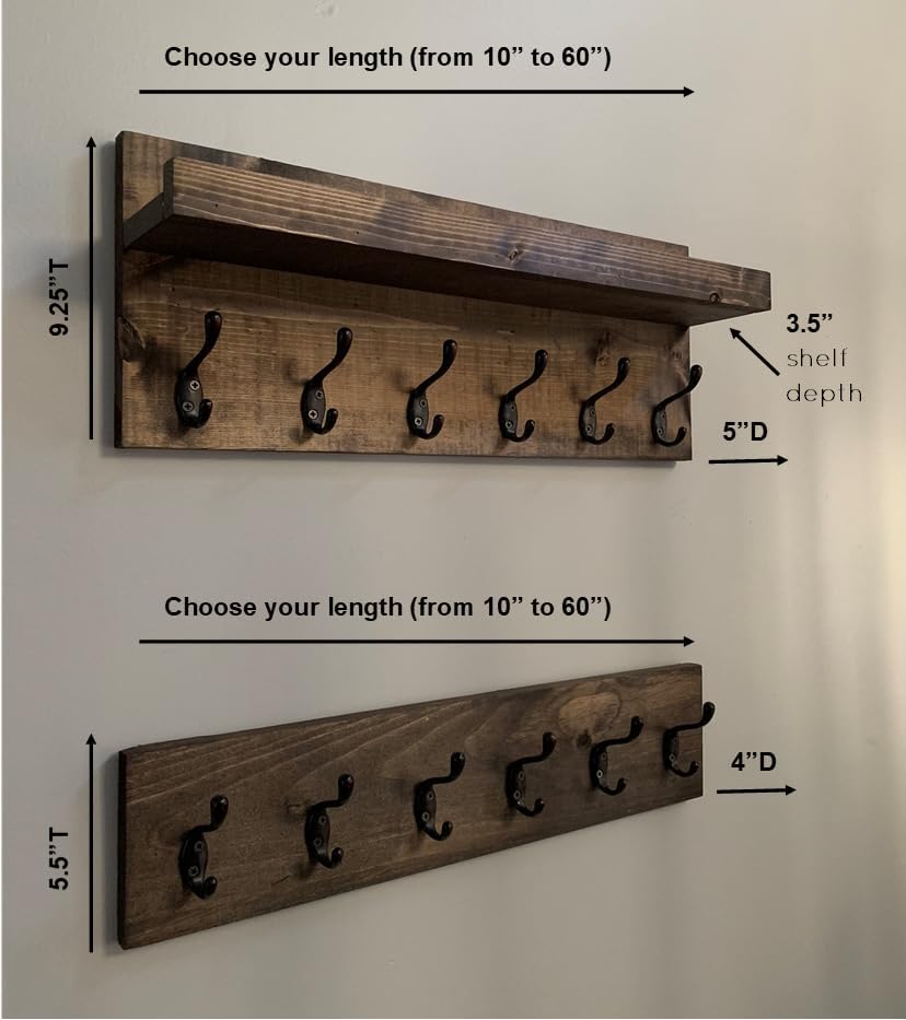 Coat Rack with Shelf Wall Mounted with Storage (Choose Your Length) Towel Rack Entryway Organizer Key Hooks (20" L (5 Hooks) Set of 2) - Image 3