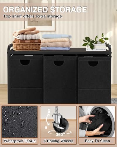 Laundry Sorter 3 Section,Laundry Basket with Wheels,3×15.8 Gal (60L) Black - Image 3