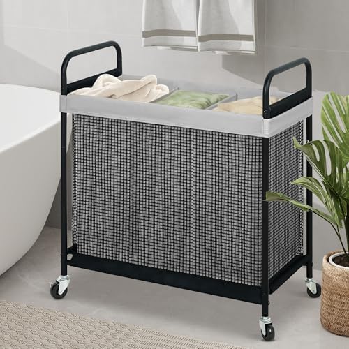 STO STO Laundry Hamper 3 Section, 120L Rolling Laundry Sorter Cart with Removable and Washable Liner Bag, Clothes Hamper with Wheels and Metal Handle for Laundry Room and Bedroom, Gray - Image 3
