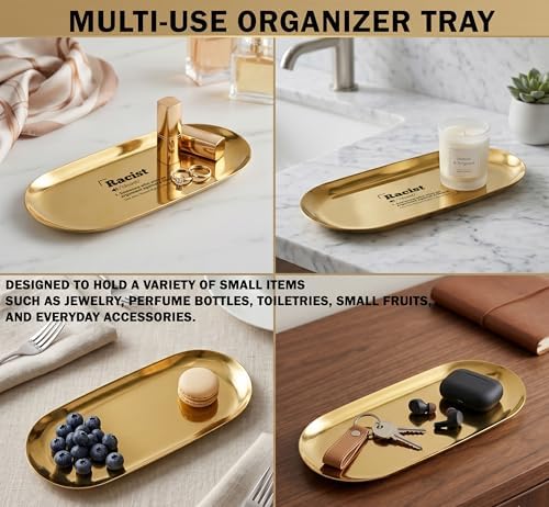 Oval Gold Catchall Tray Set of 2, Stainless Steel, 7x3 Inch, Vanity and Decorative Tray, Rust Resistant, Stackable, Modern Polished Finish, Bathroom and Entryway Organizer - Image 4