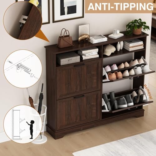 Hidden Shoe Storage Cabinet with 4 Flip Drawers & Open Storage - Image 5