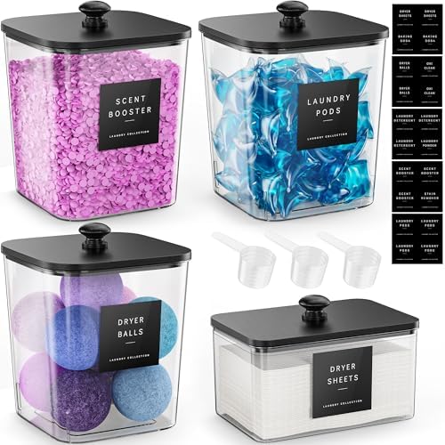 4 Pack Laundry Pods Container, Clear Laundry Room Organization Containers Essentials, Large Detergent Powder Storage Containers Black Wooden Lids & Labels Signs, Home Acrylic Laundry Pods Holder by MOFOROCO
