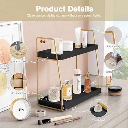 Forbena Black and Gold Bathroom Organizer Countertop, 2 Tier Counter Organizer for Bathroom Decor, Modern Sink Shelf Organizers for Vanity Storage, Make upTray for Makeup Bedroom - Image 7