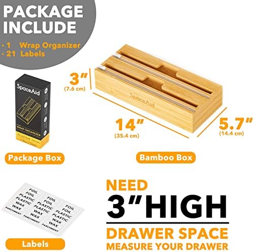 SpaceAid WrapNeat 2 in 1 Wrap Organizer with Cutter and Labels, Plastic Wrap, Aluminum Foil and Wax Bamboo Dispenser for Kitchen Storage Organization Holder for 12" Roll (Natural, 2-Slot) - Image 3