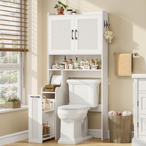 Halitaa Over The Toilet Storage Cabinet with Pulley, Space Saver Fluted Bathroom Organizer with Open Shelves, Anti-Tipping, Toilet Paper Holder Stand Toilet Rack for Bathroom, Laundry（White） by Halitaa