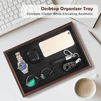 Wooden Valet Tray with Leather Base - Nightstand Catchall Organizer for Cologne, Perfume, Keys, Wallet, Phone, Watch, Jewelry & Sunglasses (2Pcs Black) - Image 2