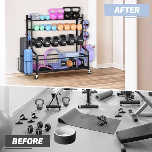 PLKOW Dumbbell Rack, Weight Rack for Dumbbells, Home Gym Storage for Dumbbells Kettlebells Yoga Mat and Balls, All in One Workout Storage with Wheels and Hooks, Powder Coated Finish Steel - Image 7