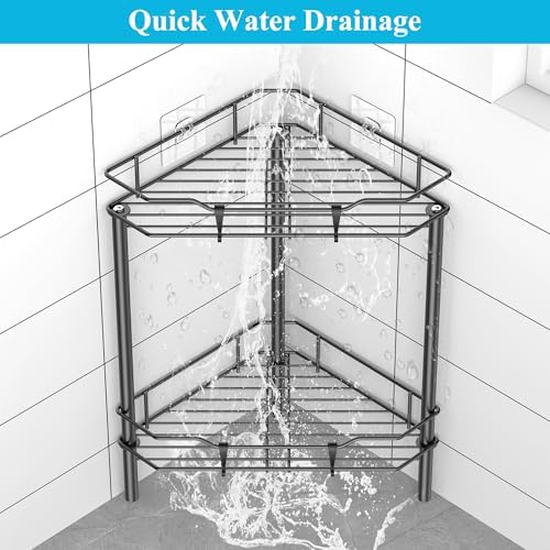 HuggieGems Metal Floor Standing Corner Shower Caddy, Matt Black, 2 Tier - Image 6