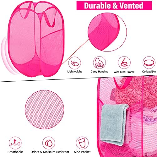 BATTOO Deluxe Strong Mesh Pop up Laundry Hamper Basket with Side Pocket for Laundry Room, Bathroom, Kids Room, College Dorm or Travel 3 Pack Blush - Image 2