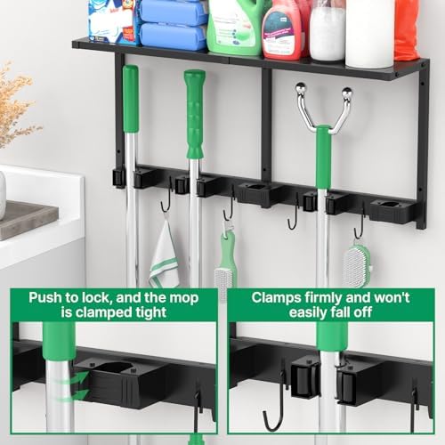 CCCEI Broom and Mop Wall Mount with Shelf, Laundry Room Cleaning Tools Organization Hanging Rack with Hooks, Bathroom, Garage, Garden Organizers and Storage. All Metal, Black, 1 Pack. - Image 3