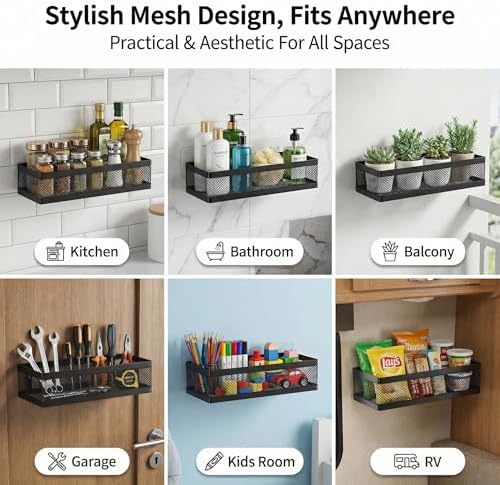 PUSDON Mesh Shower Caddy Wall Mount, Heavy Duty Adhesive Bathroom Shelf Organizer, Rustproof Floating Spice Rack for Kitchen Pantry, Holds 50 LBS, Multi-Purpose Storage Black-2 Packs (Netting) - Image 4