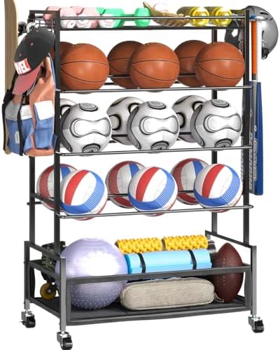 SOYEEZE Garage Sports Equipment Organizer-Large 5 Layer Ball Storage, Basketball Stand Holder, Outdoor Toy Storage, Baseball Bat Rack, Rolling Ball Cart with Hooks and Wheels for Indoor/Outdoor Use by SOYEEZE