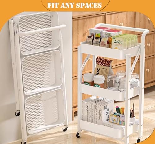 Foldable Storage Cart 3 Tier Rolling Cart with Wheels No Assemble Required Metal Utility Kitchen Cart Heavy Duty Folding Storage and Organizer for Classroom, Bedroom(White) - Image 6