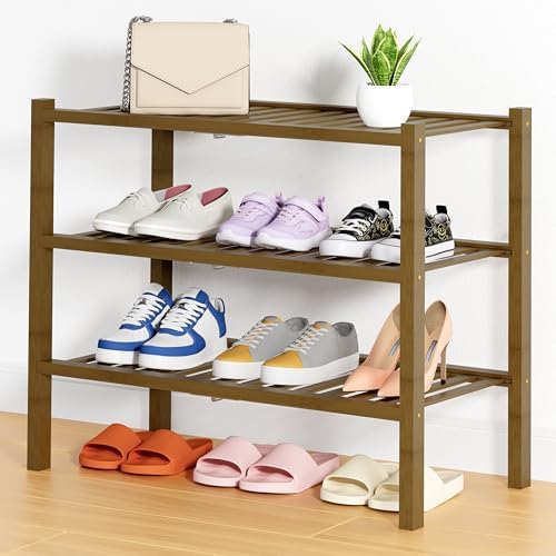 Smiry Bamboo Shoe Rack, 14 Vertical Slats, 3 Tier - 26.8" Wide, Walnut by Smiry
