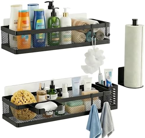 PUSDON 5-in-1 16.5" Extra Long Slim Wall Mount Wrapped Mesh Kitchen Organizer & Shower Caddy Kit, with Paper Towel Holder, Utensil Holder, Soap Dish, Holds 50LBS - Matte Black, Netting - Image 3