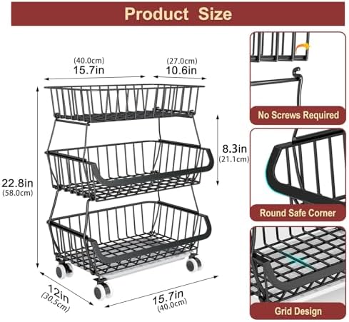 3-Tier Rolling Pantry Cart with Wheels, Stackable Wire Storage Floor Organizer for Kitchen Pantry Snack Shelves, Fruit Basket Stand, Vegetable Storage Rack for Food Snacks Onion Potato - Image 2