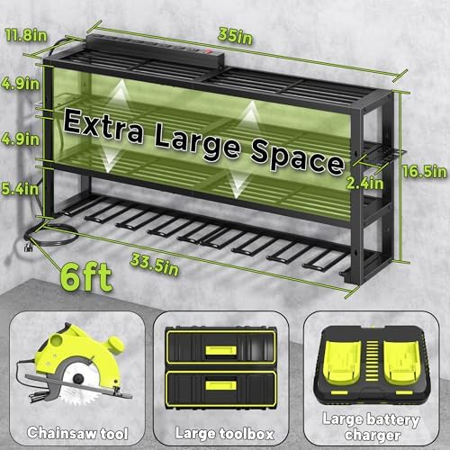 Large Power Tool Organizer Wall Mount with Charging Station, 8 Outlet Power Strip, 4 Layers 8 Drill Holder Heavy Duty Metal Tool Storage Loads 420lbs with Screwdriver Holder, Utility Racks for Garage - Image 4