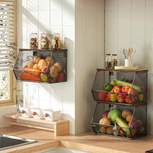 Litwaro Fruit Basket Wire Baskets with Wood Lid, Wall Mounted Produce Basket for Snack, Fruit and Vegetable Storage, Countertop Onion and Potato Storage, 3 Pack Stackable Kitchen Counter Organizer by Litwaro