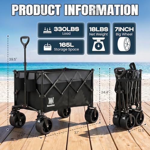 Navatiee 330Lbs Collapsible Folding Wagon, Beach Wagon Cart Heavy Duty Foldable with Big Wheels, Utility Grocery Wagon with 165L Large Capacity for Camping Garden Sports, Black - Image 6