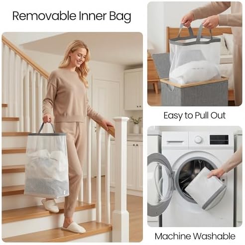 efluky Slim Laundry Basket with Lid, Narrow Laundry Hamper with Removable Bag, Skinny Dirty Clothes Basket with Bamboo Handles for Bathroom, Bedroom & Laundry Room, 75L Grey - Image 5