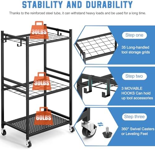 DAOUTIME Garden Organizer With Wheels, Yard Tower Rack for Garage Storage, Up to 35 Long-Handled Tools, Sturdy Metal Steel Holder With 3 Hooks, Outdoor, Black - Image 2