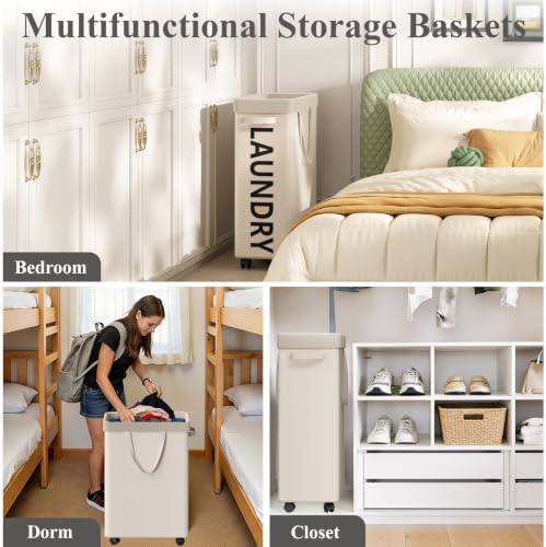 Optish 50L Slim Rolling Laundry Basket with Wheels & Removable Bag, White - Image 6