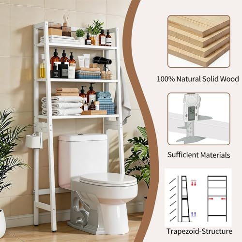 Over The Toilet Storage, Wooden 3-Tier Over-The-Toilet Rack Bathroom Space Saver Organizer, Freestanding Above Toilet with Toilet Paper Holder and Hooks (White) - Image 6