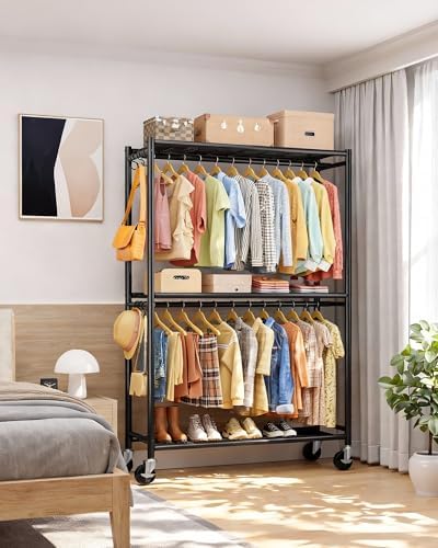 Sakugi Clothes Rack - Double Hanging Rod Clothing Rack with Wheels & Leveling Feet, Large Capacity Wardrobe Closet with Shelves for Bedroom, Laundry Room, Entryway, 45.2" x 12.6" x 80.7", Black - Image 6