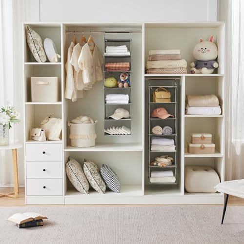 MAX Houser 6 Tier Shelf Hanging Closet Organizer with 2 Hooks, Light Grey | foldable lightweight fabric closet storage, space-saving design for Bedroom, Closet Hanging Shelf for Storage - Image 4