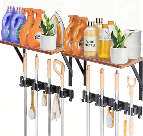 2Pack Broom Holder with Organizer Shelf 8 Broom Slots 10 Removable Hooks by PrimZootyDesign