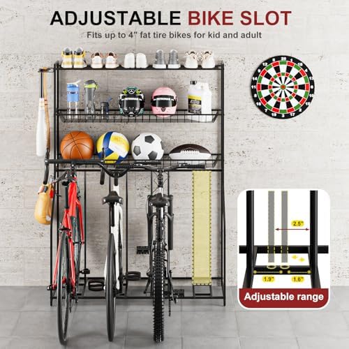 4 Bike Stand, Bike Rack Garage with 3-Tier Storage Rack, Bicycle Stand for Garage Organizer, Indoor Sporting Gear Storage Station for Mountain/Road/Hybrid & Fat Tire Bike, Patent Pending - Image 7
