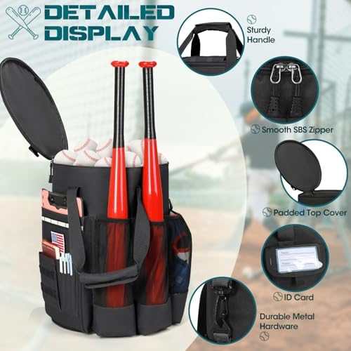 RAINSMORE Baseball Bucket Bag Baseball Coaches Accessories Organizer with Insulation Pocket Tactical Softball Bag with Anti-Slip Bottom, Multiple Pockets for Bat, Gloves, Scoreboards - Image 5