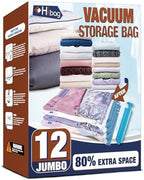 12 Jumbo Vacuum Storage Bags for Bedding, Vacuum Seal Bags for Clothing | Extra Large XL, Airtight Triple Seal, Save 80% Space, Hand Pump, Work with Vacuum, Double Zip, Reusable, Easy to Use by HIBAG