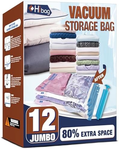 12 Jumbo Vacuum Storage Bags for Bedding, Vacuum Seal Bags for Clothing | Extra Large XL, Airtight Triple Seal, Save 80% Space, Hand Pump, Work with Vacuum, Double Zip, Reusable, Easy to Use by HIBAG