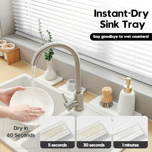 3 Pack Stone Drying Tray, Water Absorbing Stone Sink Mat for Kitchen & Bathroom Counter, Diatomite Soap Dish Vanity Caddy, Sponge Holder Organizer, White - 2pcs of 4.5"x 3.5" and 1pc of 9"x 3.5" - Image 2