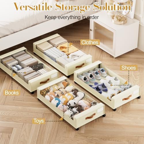 Yecaye 60L Under Bed Storage with Wheels, 2 Pack, Beige | 360° Rolling Wheels, Clear Lids & Label, Reinforced Handle, Rolling Metal Drawers for Clothes, Blankets, Shoes in Bedroom - Image 6