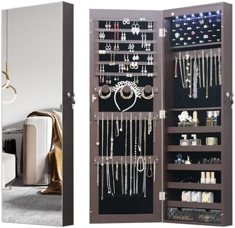 LED Jewelry Cabinet Armoire Organizer,Wall/Door Mount Jewelry Organizer and Storage with Full-Length Mirror Hanging Jewelry Organizer Full Length Mirror with Storage Large Capacity Brown by MASMIRE