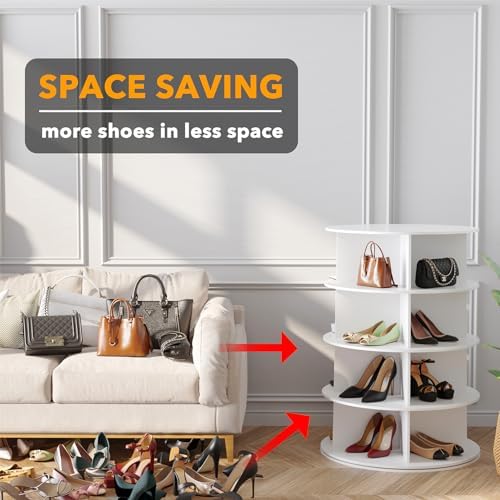SpaceAid 4 Tier Rotating Shoe Rack Tower, Spinning Shoe Display Lazy Susan, Revolving 360 Shoe Rack Storage Round Carousel, Vertical Handbag Rotate Shoes Closet Organization (4-Tier White) - Image 3