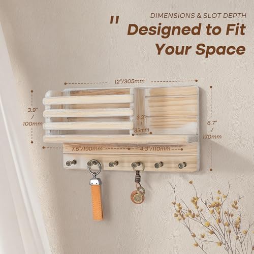 Rebee Vision Key Holder Wall Mount with Mail Slot for Room, Natural Wood - Image 2