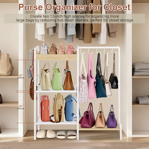 2-in-1 Shoe Rack for Closet with Purse Organizer, 5 Tier Shoes Shelf with Wooden Tray and Removable Shelves, Storage Organizer for Entryway, Garage, Hold Boots, Backpacks, White - Image 6