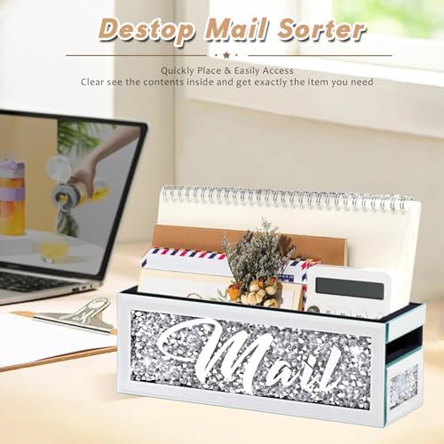 Crushed Diamond Mail Organizer, Crystal Mail Organizer Countertop, Mirror Letter Holder, Mail Tray, Mail Holder Box for Desk, Mail Holder for Wall - Image 4